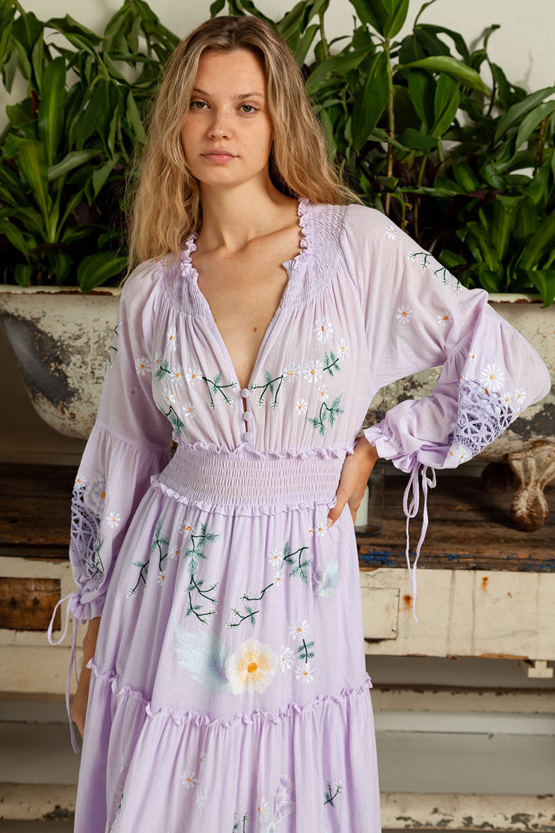The Smocked Ruffle V-Neck Long Sleeve Tiered A-Line Dress