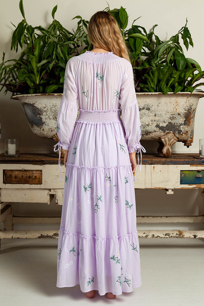 The Smocked Ruffle V-Neck Long Sleeve Tiered A-Line Dress