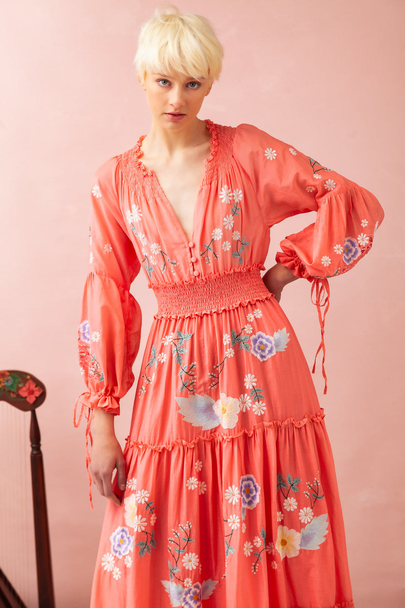 The Smocked Ruffle V-Neck Long Sleeve Tiered A-Line Dress