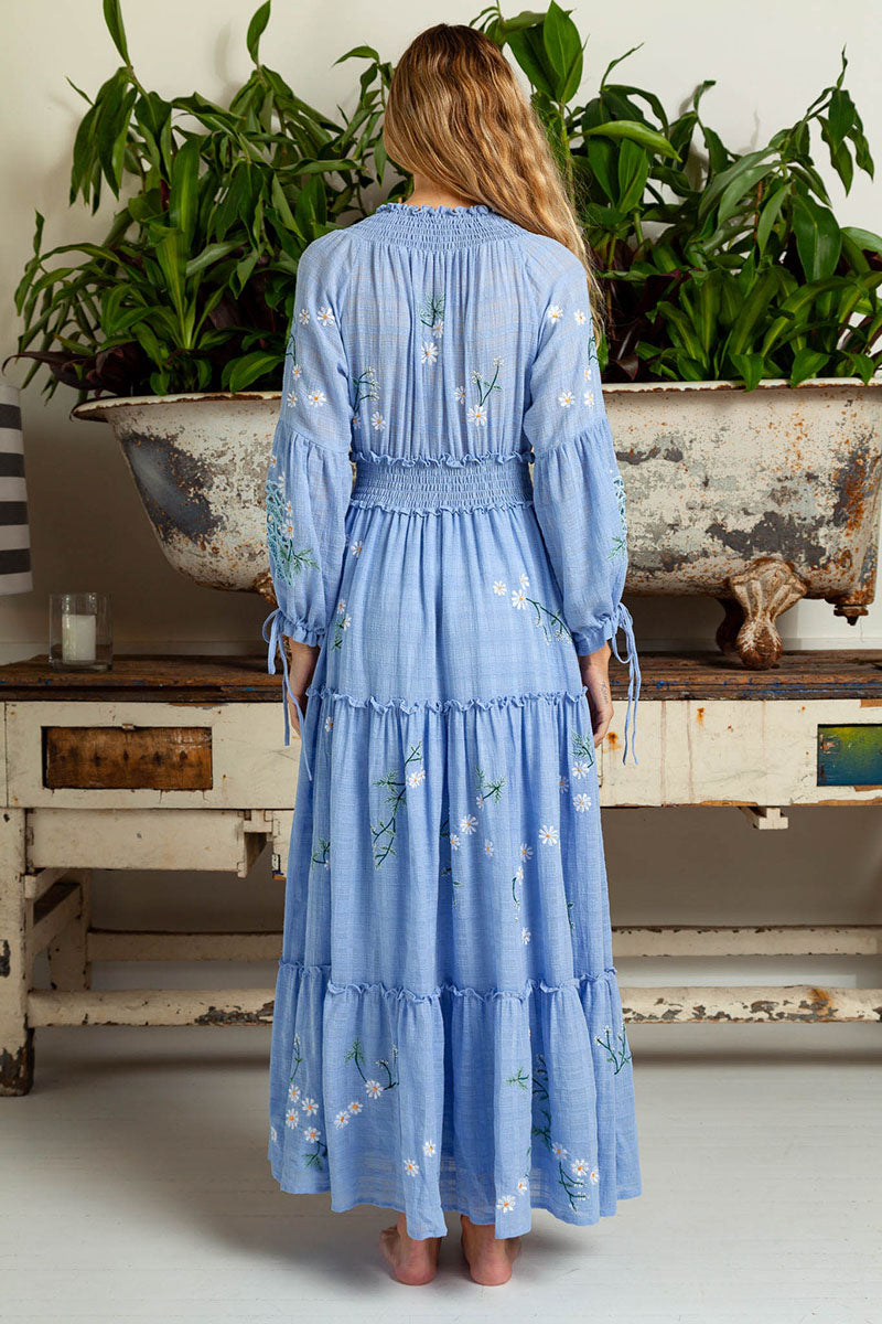 The Smocked Ruffle V-Neck Long Sleeve Tiered A-Line Dress