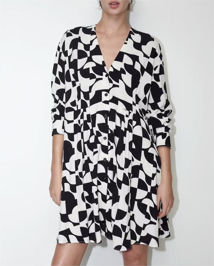 Long Sleeve Abstract Mini Print Dress