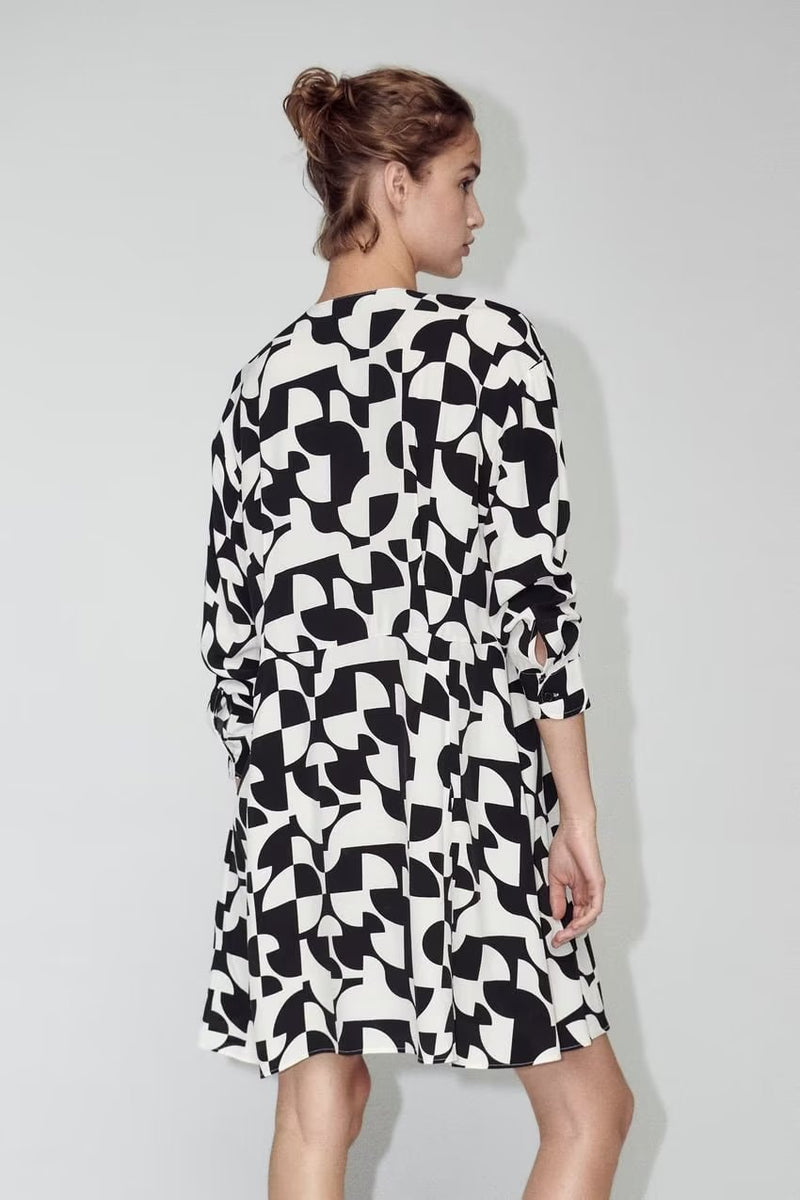 Long Sleeve Abstract Mini Print Dress