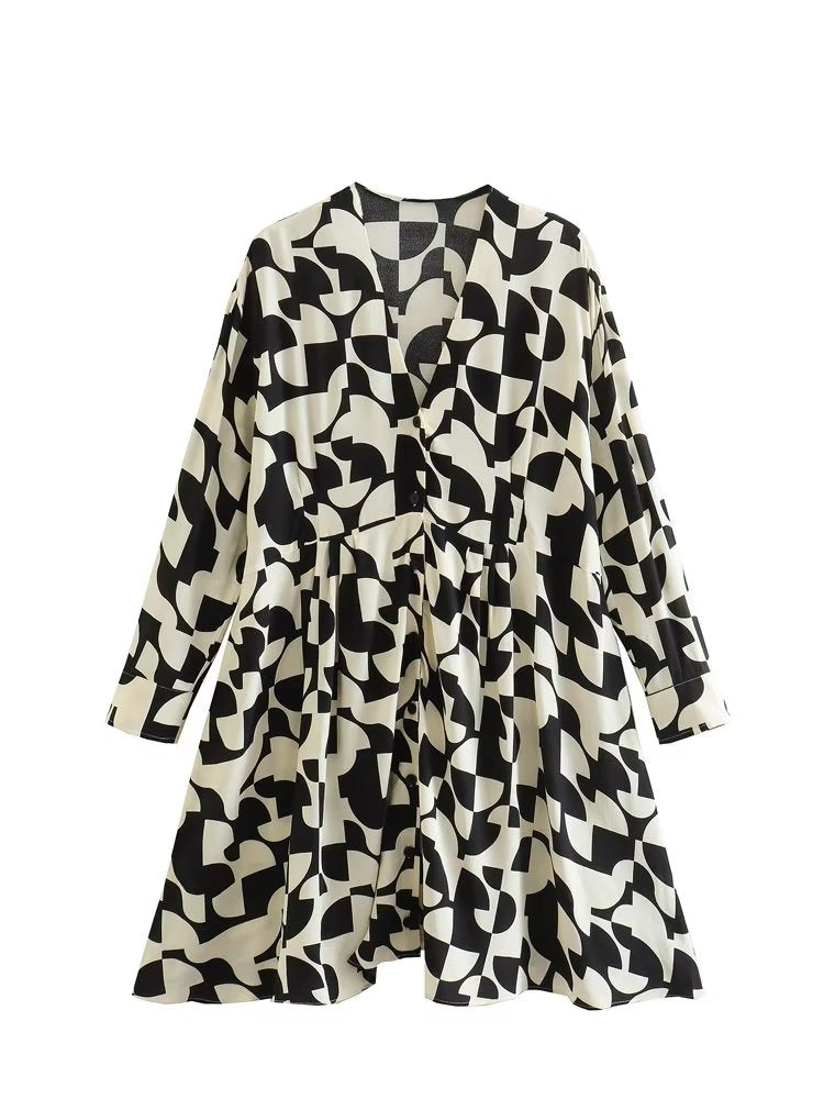 Long Sleeve Abstract Mini Print Dress