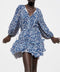 Draping Printed Waist Controlled Long Sleeve Mini Dress