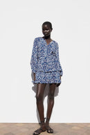 Draping Printed Waist Controlled Long Sleeve Mini Dress