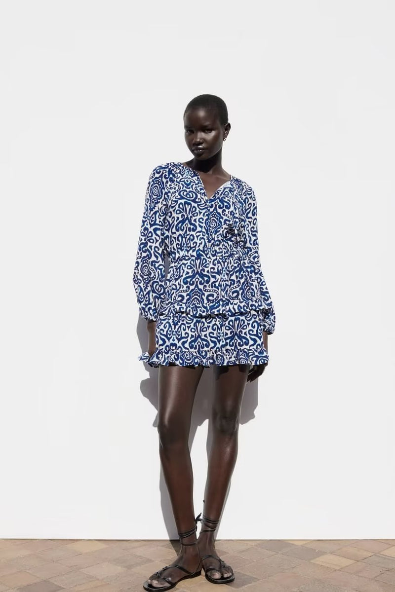 Draping Printed Waist Controlled Long Sleeve Mini Dress