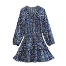 Draping Printed Waist Controlled Long Sleeve Mini Dress