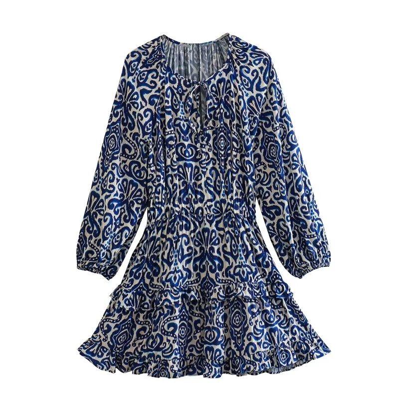 Draping Printed Waist Controlled Long Sleeve Mini Dress