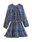 Draping Printed Waist Controlled Long Sleeve Mini Dress