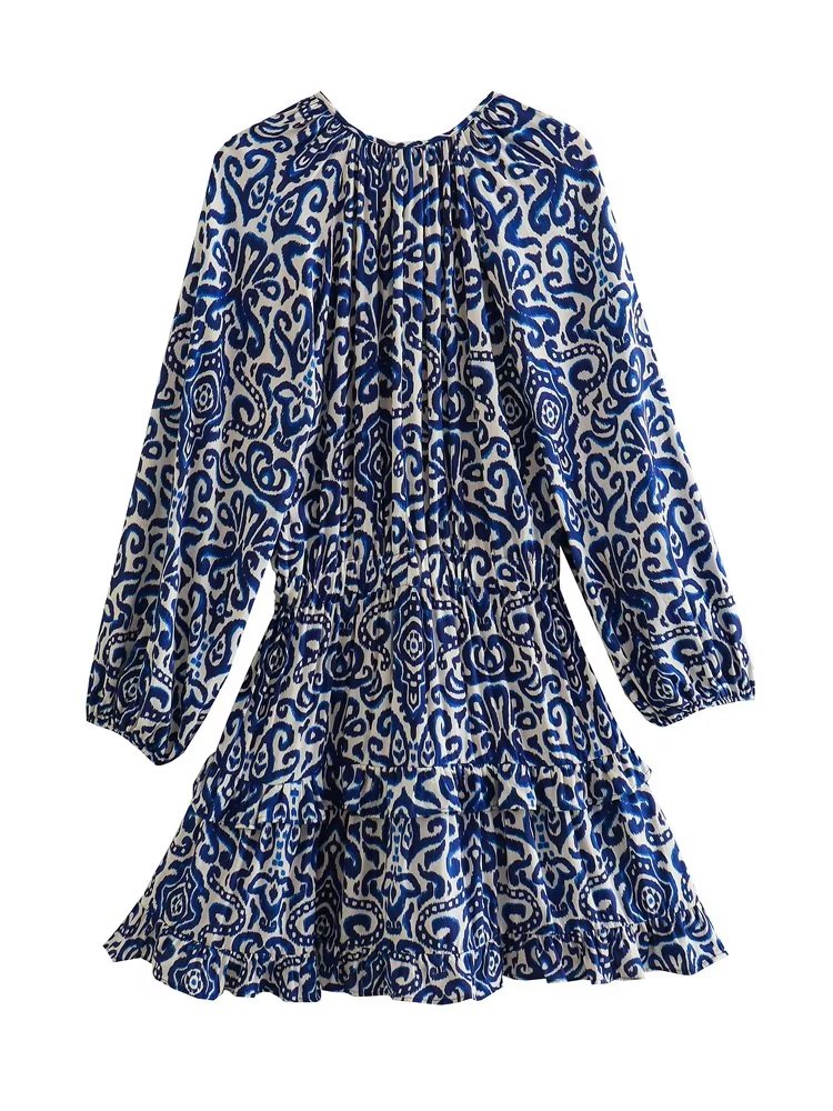 Draping Printed Waist Controlled Long Sleeve Mini Dress