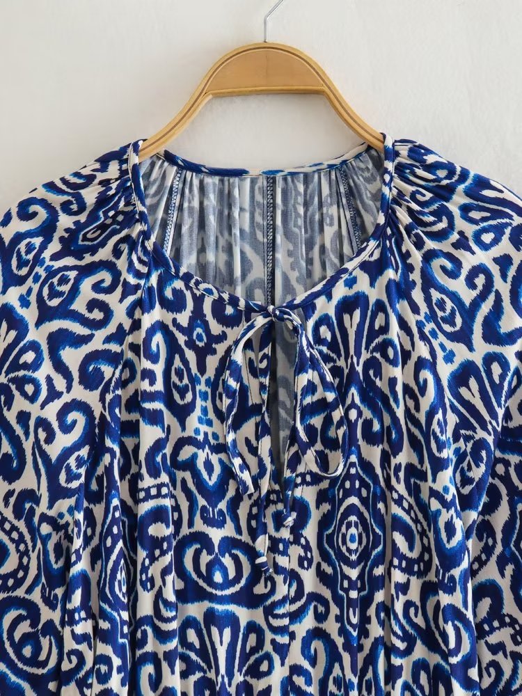 Draping Printed Waist Controlled Long Sleeve Mini Dress
