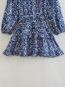 Draping Printed Waist Controlled Long Sleeve Mini Dress