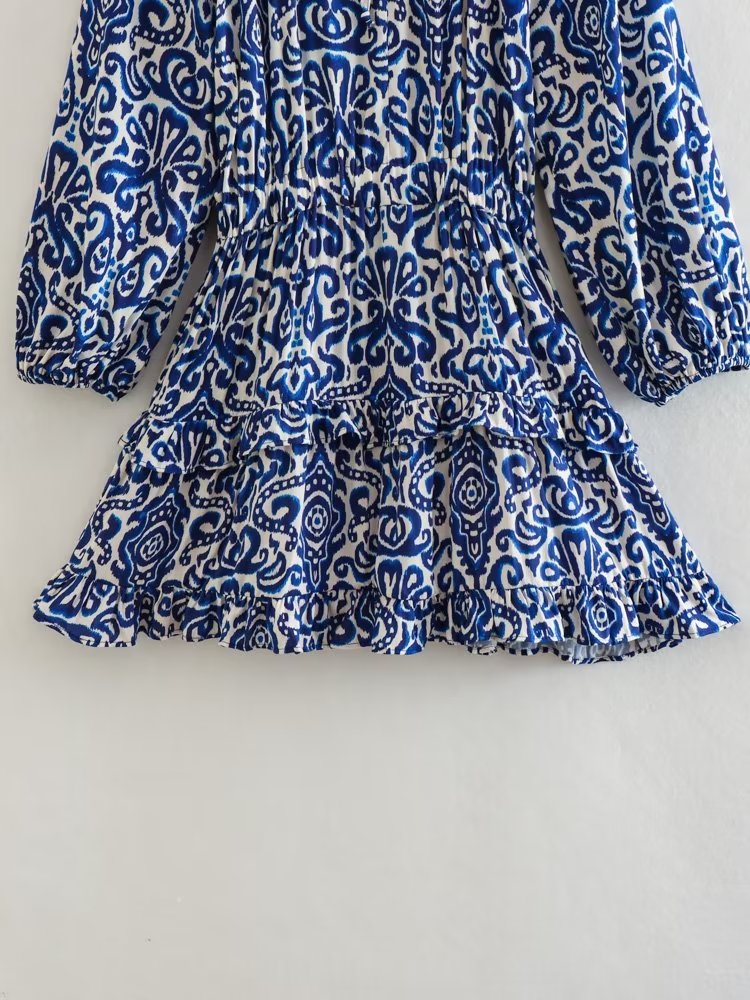 Draping Printed Waist Controlled Long Sleeve Mini Dress