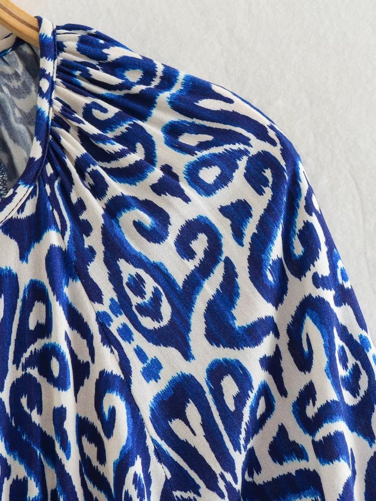 Draping Printed Waist Controlled Long Sleeve Mini Dress