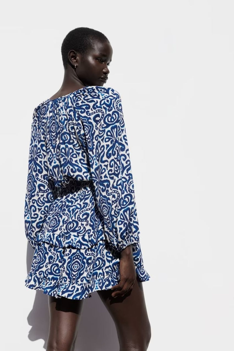 Draping Printed Waist Controlled Long Sleeve Mini Dress