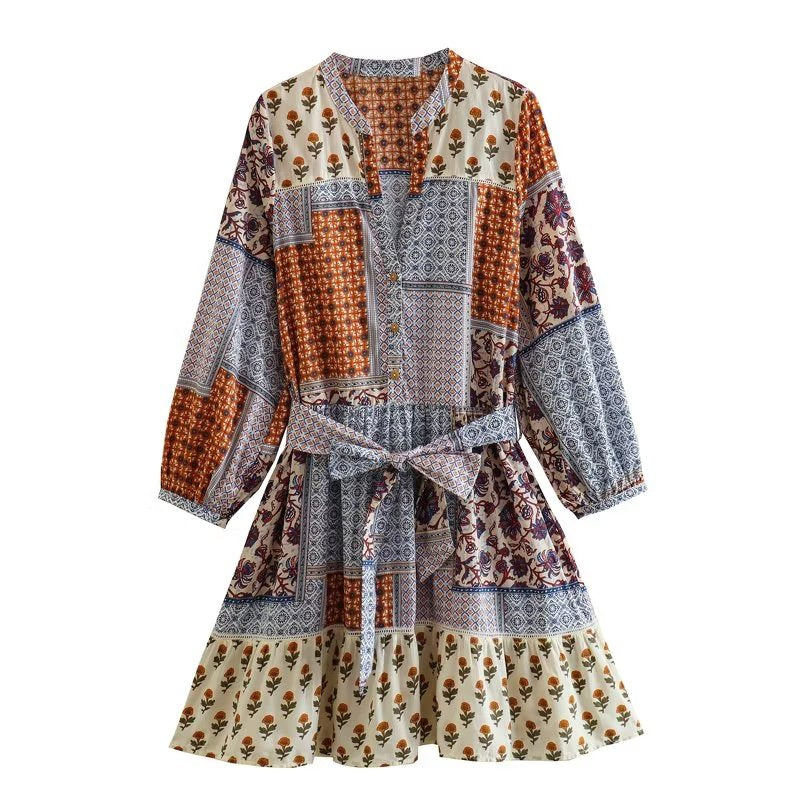 Retro V Neck Long Sleeve A Line Mini Dress