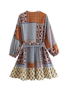 Retro V Neck Long Sleeve A Line Mini Dress