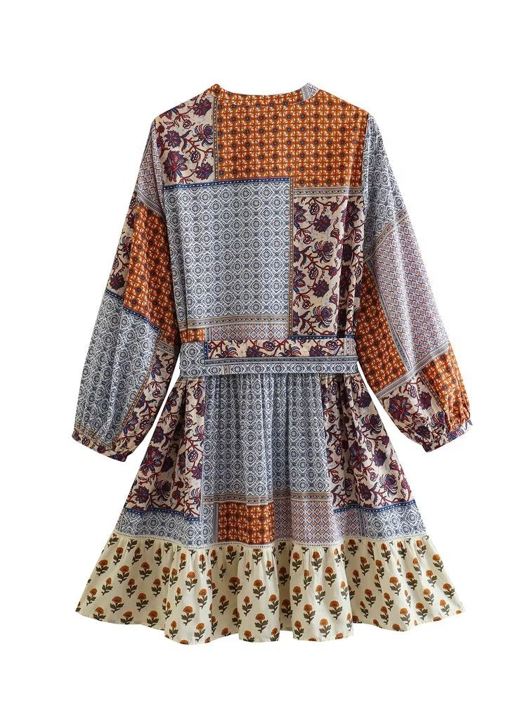 Retro V Neck Long Sleeve A Line Mini Dress