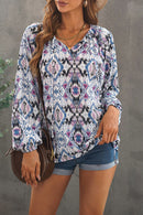 vintage print split neck blouse