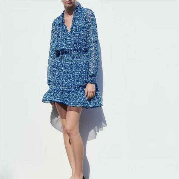 Stand Collar Bowknot Lace Long Sleeve Mini Dress