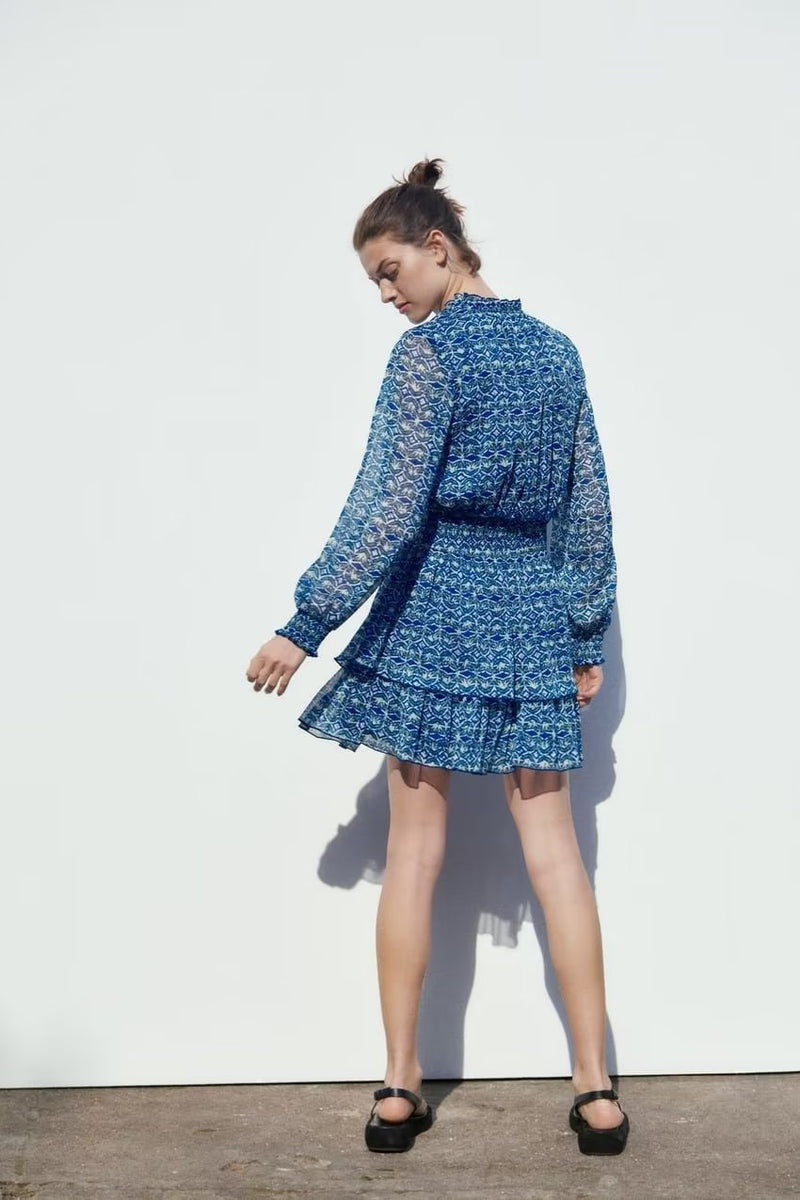 Stand Collar Bowknot Lace Long Sleeve Mini Dress