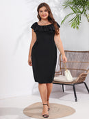 Plus Size Square Neck Ruffle Wrapped Hip Dress