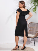 Plus Size Square Neck Ruffle Wrapped Hip Dress