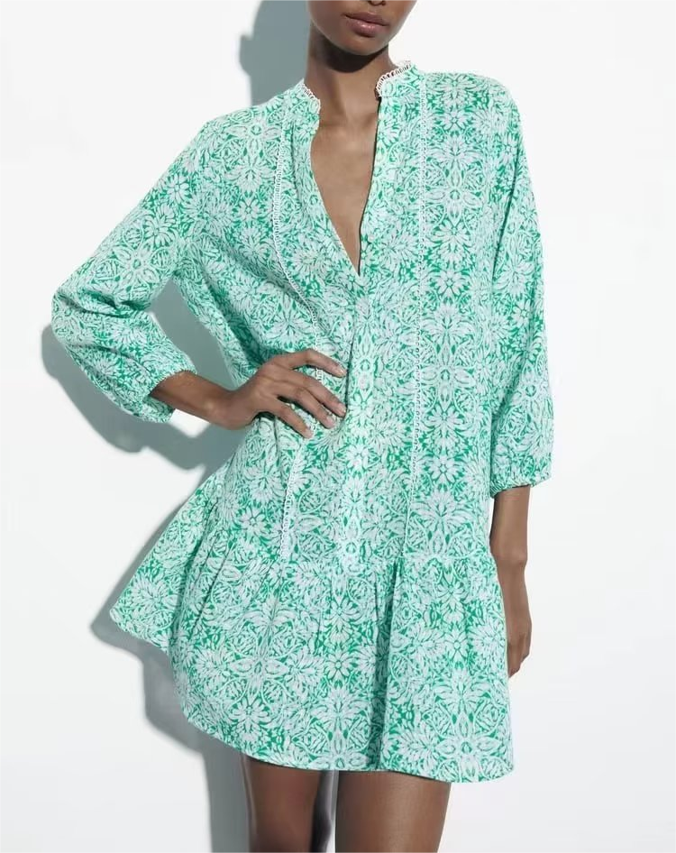 V neck Loose Casual A-Line Printed Mini Dress