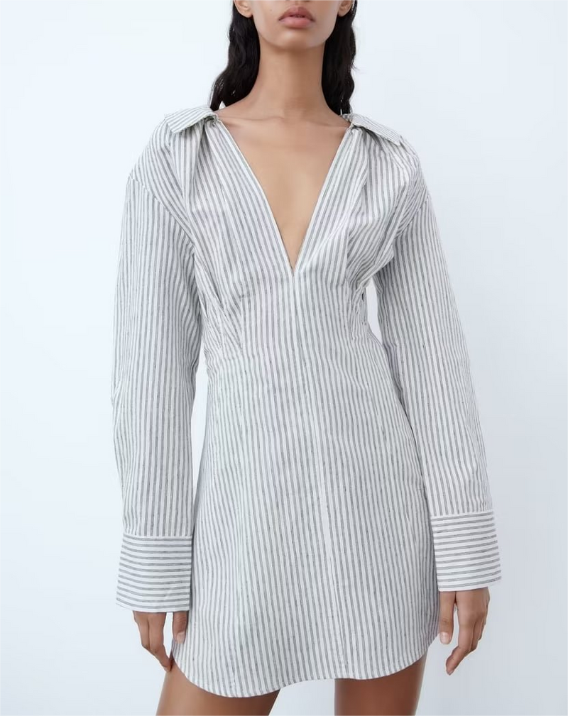 Fitted Waist Collar Striped Mini Dress