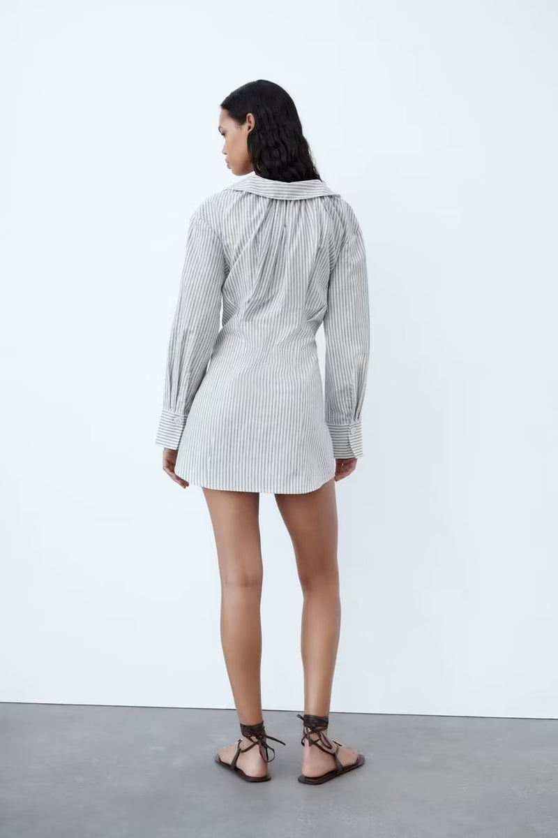 Fitted Waist Collar Striped Mini Dress