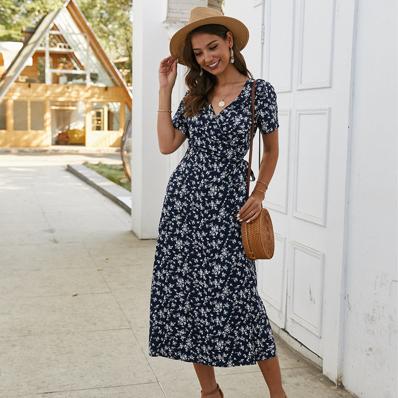 Short Sleeve Ruffled V-Neck Slimming Waist-Tight Chiffon Dress