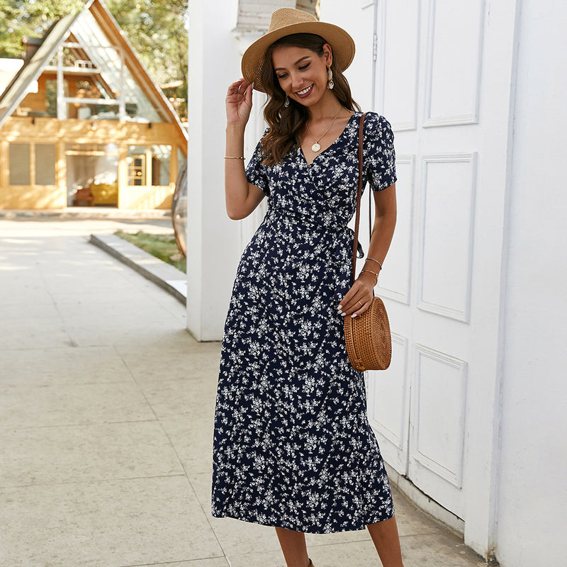 Short Sleeve Ruffled V-Neck Slimming Waist-Tight Chiffon Dress