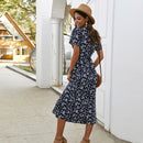 Short Sleeve Ruffled V-Neck Slimming Waist-Tight Chiffon Dress