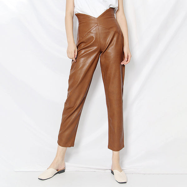 High Waist Solid Color Straight Leather Pants
