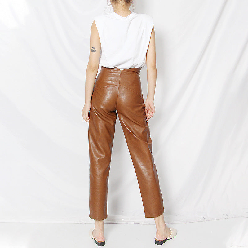 High Waist Solid Color Straight Leather Pants