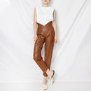 High Waist Solid Color Straight Leather Pants