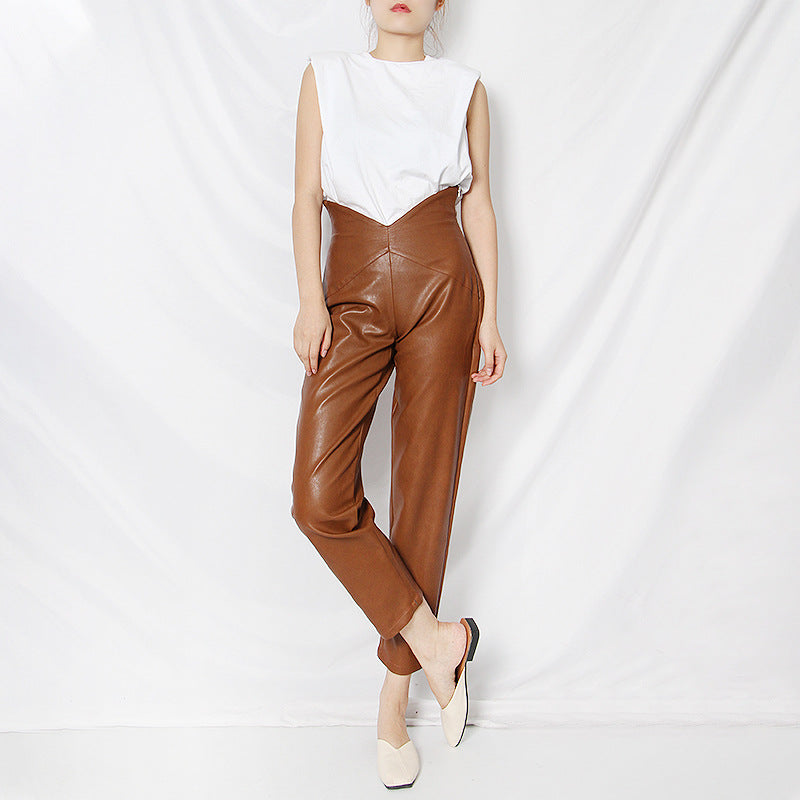 High Waist Solid Color Straight Leather Pants