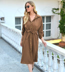 Collared Long Sleeve Shirt Dress with Button and Lace-up Detailing