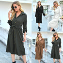 Collared Long Sleeve Shirt Dress with Button and Lace-up Detailing