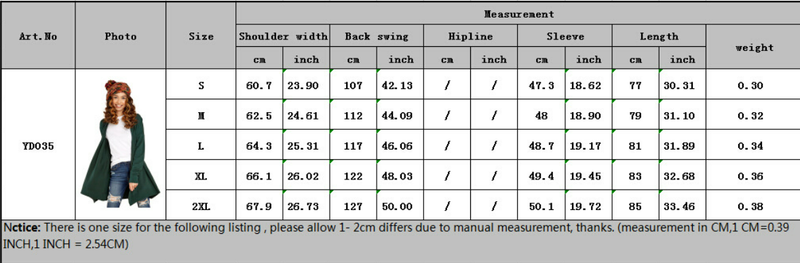 size chart of duster cardigan