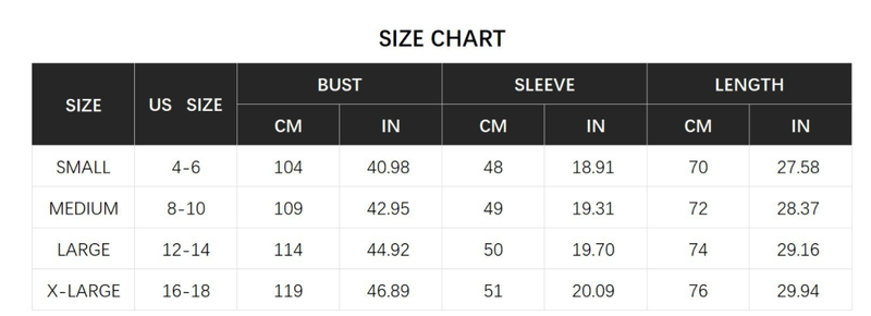 size chart for cardigan