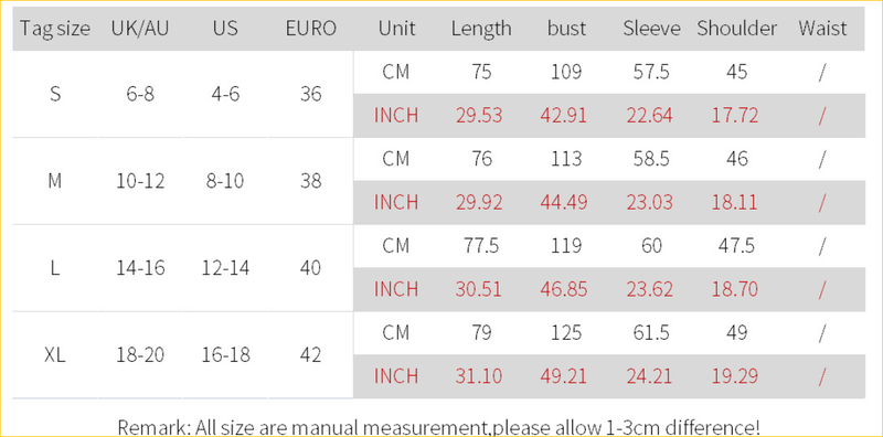 size chart for corduroy jackets