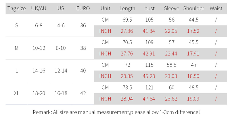 size chart for long sleeve jacket
