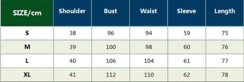 size chart for long sleeve coat