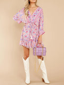 Printed V-neck Back Lace-Up Batwing Sleeve Mini Dress