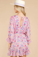 Printed V-neck Back Lace-Up Batwing Sleeve Mini Dress