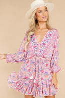 Printed V-neck Back Lace-Up Batwing Sleeve Mini Dress
