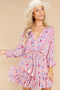 Printed V-neck Back Lace-Up Batwing Sleeve Mini Dress