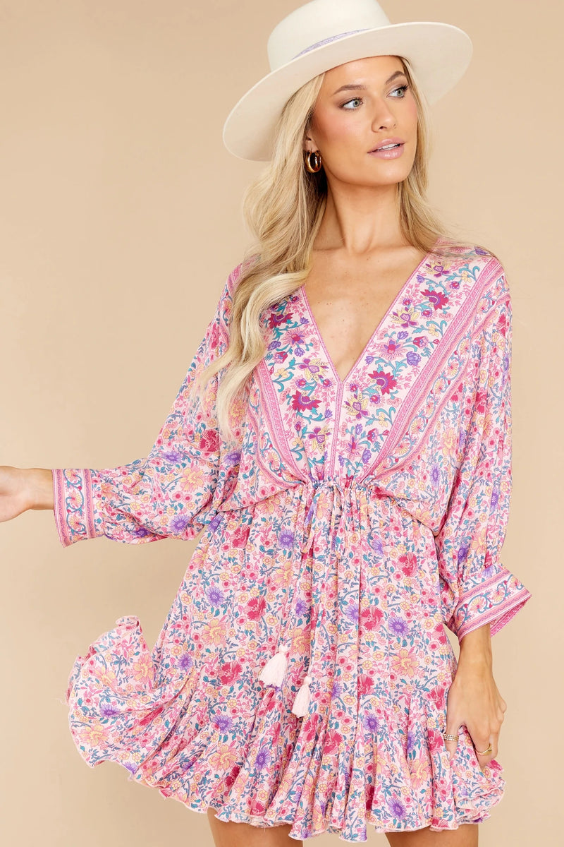 Printed V-neck Back Lace-Up Batwing Sleeve Mini Dress