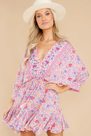 Printed V-neck Back Lace-Up Batwing Sleeve Mini Dress